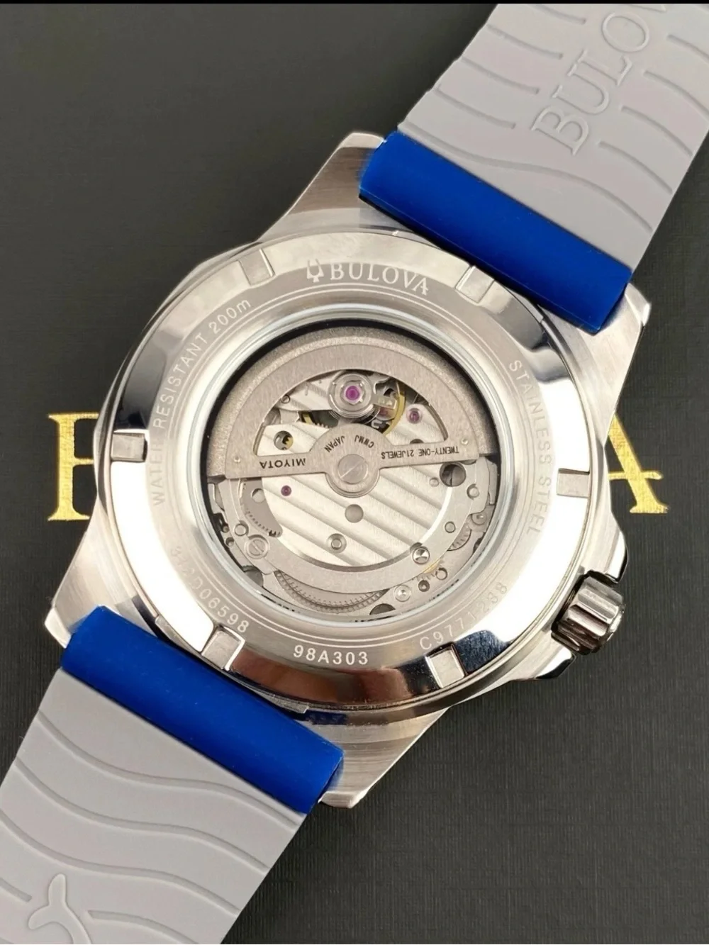 Bulova Blue Open-Heart Automatic Men's Watch with Blue Strap and Orange Accent